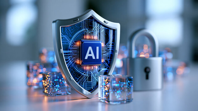Clean 3d render of a shield with an AI chip protecting digital data cubes behind a padlock on a light background AI cybersecurity shield digital data protection secure network