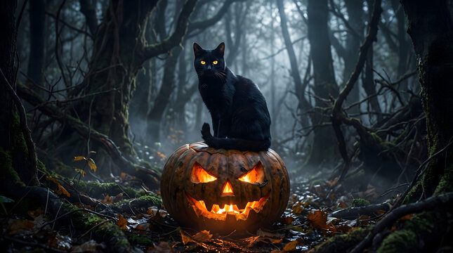 sinister black cat perched on glowing carved halloween pumpkin in dark misty autumn woods with twisted bare trees and dry leaves creating a mysterious eerie cinematic horror illustration