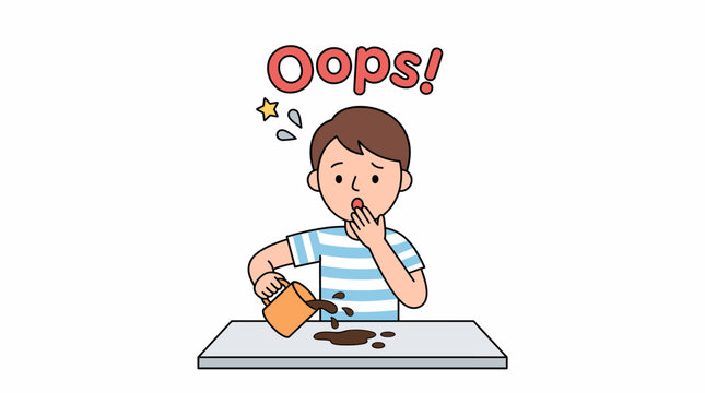 Boy spilling drink on table with Oops text vector illustration. Cute surprised child mistake, clumsy concept for education, parenting, and infographics.