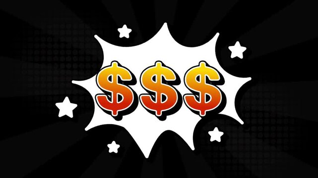 $$$ dollar USD text word lettering popup comic cartoon reveal with bomb and smoke explosion manga anime book page dots with radial speed lines doodle black background with seamless loop animation