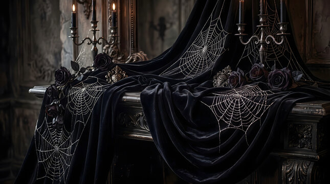 Antique gothic fireplace mantel draped with black velvet cloth silver spiderwebs dark roses and candelabra ideal for halloween haunted mansion interior and mystical celebration banner template
