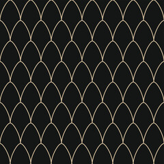 Seamless pattern featuring gold fish scale arches on a solid black background © dipu