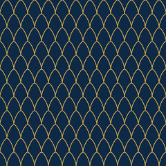 Seamless pattern featuring gold fish scale arches on a dark navy blue background © dipu