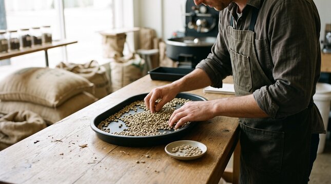 Professional coffee roaster carefully sorting green unroasted coffee beans in roastery highlighting specialty coffee quality control and artisan craft