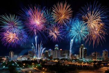 Fototapeta premium Fireworks Over City Skyline at Night