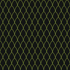 Seamless pattern of repeating neon yellow fish scale arches on a dark black background © dipu