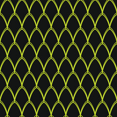 Seamless pattern of repeating lime green fish scale arches on a dark black background © dipu