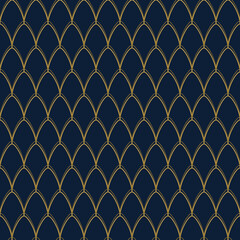 Seamless pattern of repeating gold fish scale arches on a dark navy blue background © dipu