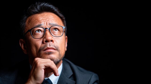 A thoughtful man in a business suit gazes upwards, lost in reflection against a black background, embodying themes of contemplation, ambition, and personal growth in a corporate setting.