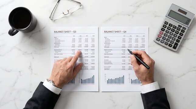Overhead Shot of Person Reviewing Printed Data Sheets on Clean Desk