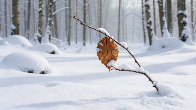 Brown autumn leaf and snow-covered branch in a snowy birch forest. Winter woodland nature. Seasonal transition and resilience concept. Snowfall, cold weather and forest ecosystem.