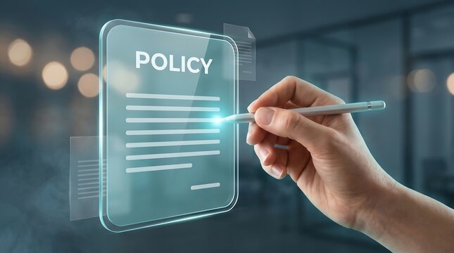 Digital interface displaying policy document with person using stylus to interact with virtual checklist representing compliance regulations and data security within modern business practice