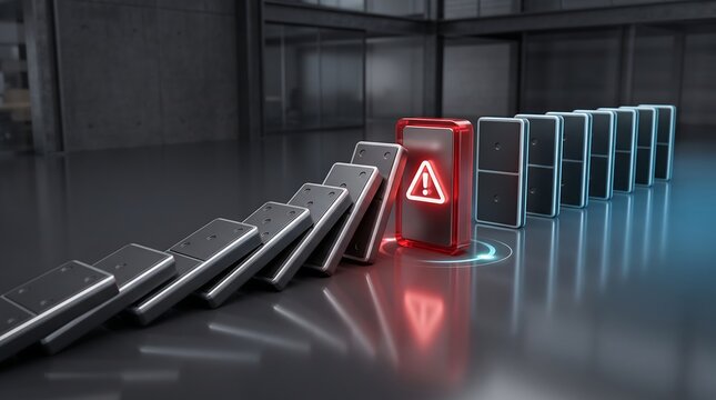 Domino effect concept with a red glowing warning light tile interrupting a chain reaction on a dark reflective surface for risk management and business crisis prevention strategies