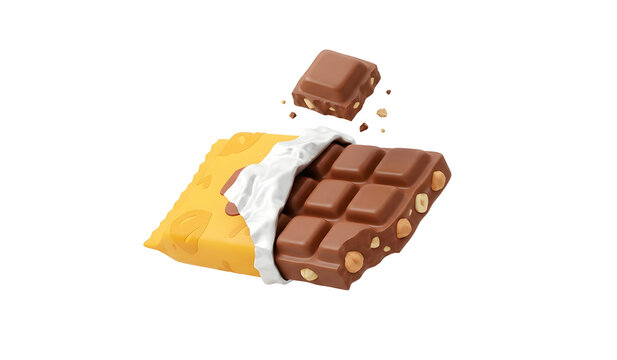 3D illustration of delicious milk chocolate bar with hazelnuts and yellow wrapper