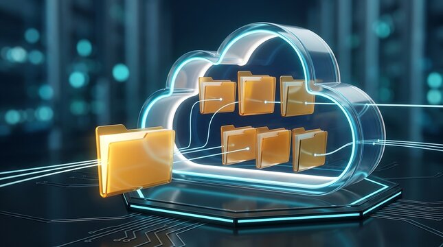 Cloud storage system with glowing files moving into central cloud container showing secure data management and digital file organization in modern high tech infrastructure