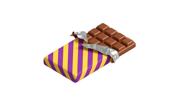 3D rendered milk chocolate bar partially opened in a colorful striped wrapper