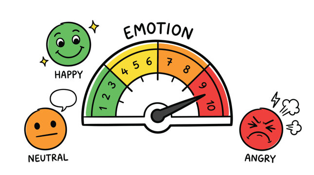 Colorful emotion meter gauge with happy, neutral and angry faces and a needle pointing at numbers
