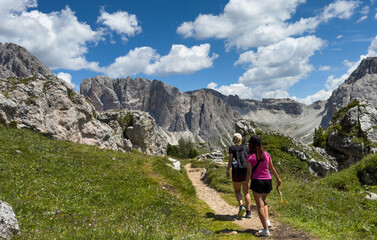 Fototapeta premium hiking in the mountains, The dolomites, Val Gardena, Italy 