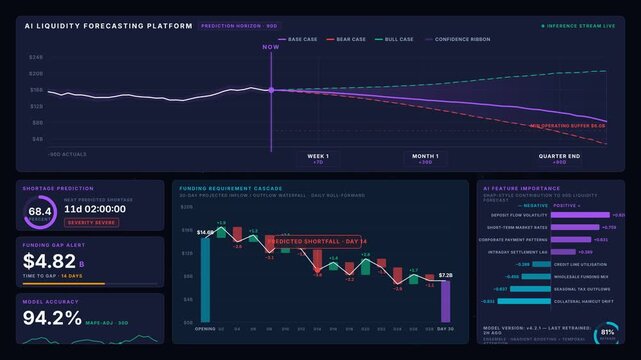 Dark mode AI liquidity forecasting dashboard with neural network background, cash shortage prediction charts, funding gap alerts, and dynamic waterfall visualization in violet and cyan.