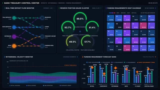 Ultra-premium dark bank treasury control center dashboard showing real-time deposit flow, reserve gauges, funding heat calendar, and withdrawal velocity charts in a seamless 4K loop.
