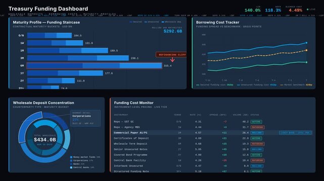 Premium dark 4K treasury funding dashboard animating wholesale deposits, borrowing costs, and maturity profiles with glowing blue data visualizations.