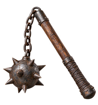 Medieval flail weapon with spiked iron ball and wooden handle isolated