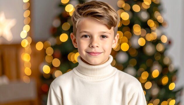 Portrait of a smiling boy in sweater near christmas tree