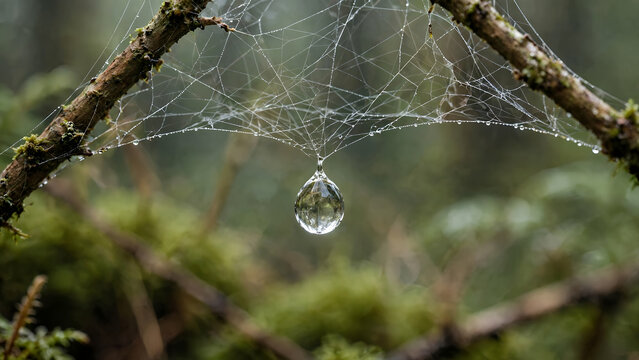 dewdrop hanging from delicate spiderweb on moss-covered branch in soft natural lighting, intricate web details