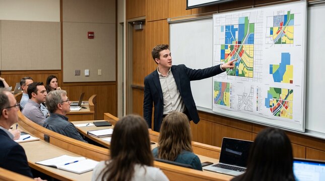 Male student presenting colorful urban zoning map on whiteboard to university classroom audience depicting urban planning education and land use analysis