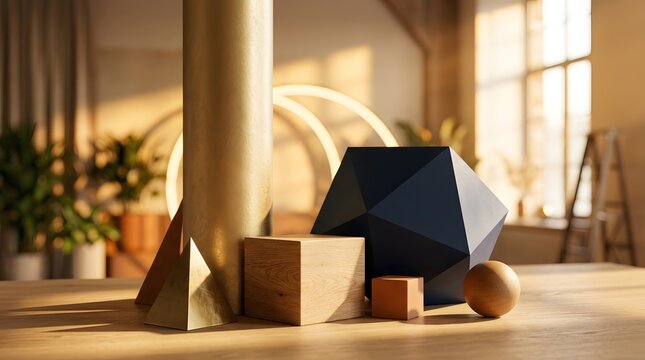 Minimalist 3D Geometric Shapes on Wooden Table with Warm Golden Hour Interior Lighting