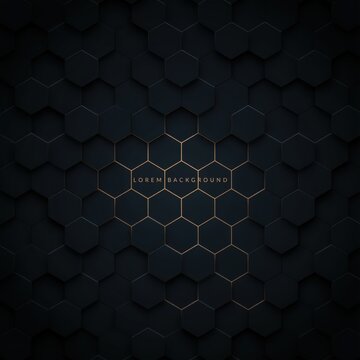 Abstract dark background with 3d geometric hexagon pattern and gold lines