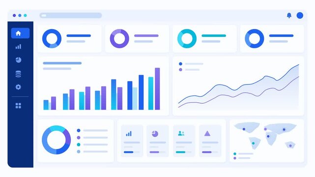 Animated business dashboard interface with loading data charts and navigation sidebar for web app