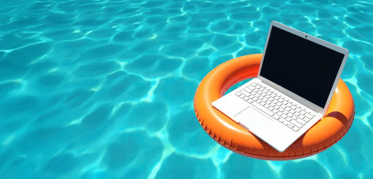 Laptop on orange inflatable lap floating in clear pool water with glare of sunlight. Concept of vacation, office weekend, do not disturb, always on call. Mockup, template for design or text