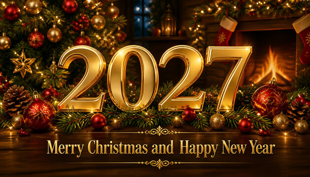 Merry christmas happy new year 2027 gold 3d text with sparkling fireworks and stars on a clean white background ideal for festivel,Merry christmas happy new year 2027 gold 3d text with firework. See L