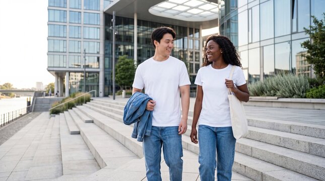 A young Asian man and a Black woman walking together outdoors near modern office buildings, wearing matching casual white t-shirts and blue denim jeans.