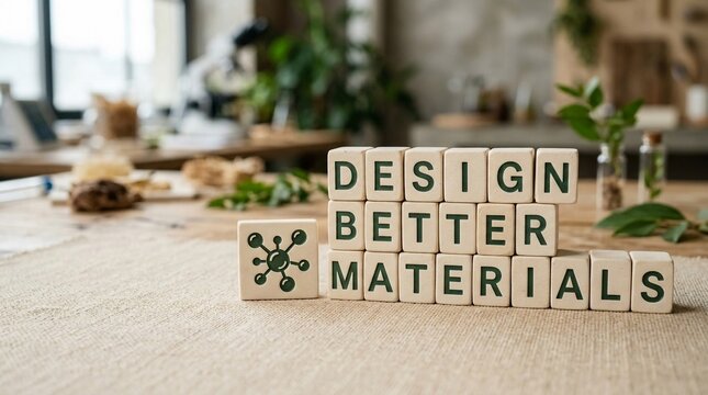 Cream letter blocks spelling 'DESIGN BETTER MATERIALS' next to a molecular symbol on a textured surface