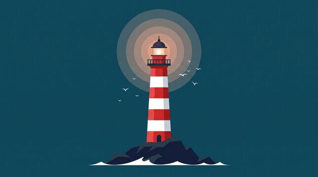 Red striped lighthouse flat vector illustration at night