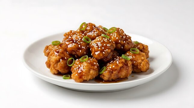 Delicious crispy fried chicken bites glazed in a sweet and spicy sauce served on a round white plate. general tso chicken