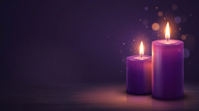 Two purple candles burning with soft light in dark background