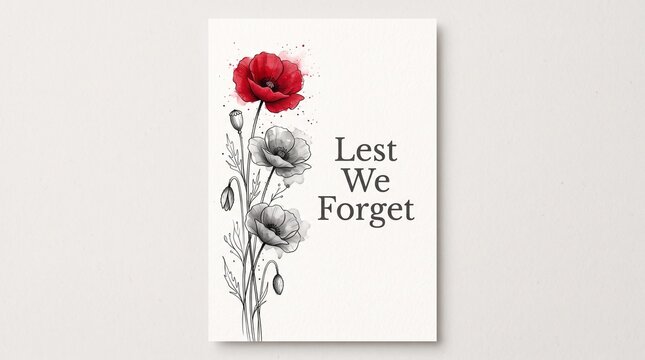 Watercolor poppy flowers with red bloom and black text saying lest we forget