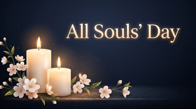 Two lit candles with flowers for all souls day celebration