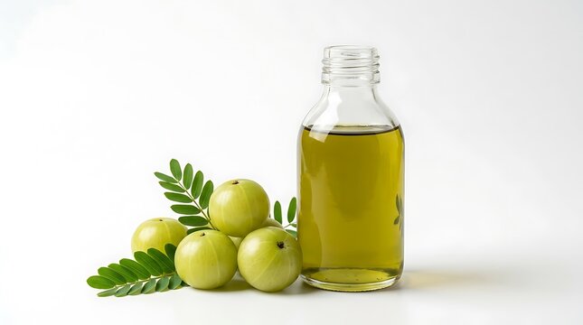 A glass bottle of fresh organic amla oil with green gooseberry fruits and leaves on a simple surface. amla oil