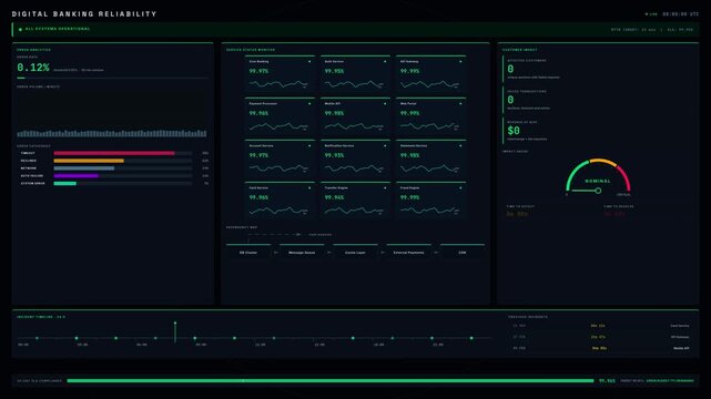 Digital banking reliability dashboard visualizes transaction errors, outages, and customer impact with a dynamic alert pulse and color transitions for operational health monitoring.