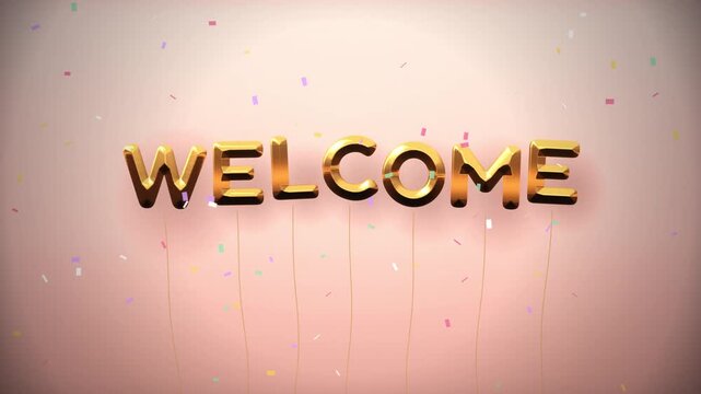 Golden WELCOME balloon letters suspended with strings and falling confetti on a soft pink background