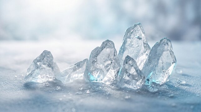 Clear ice chunks on snow-covered ground in winter
