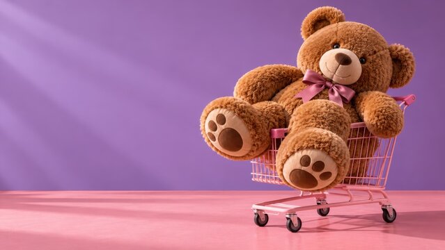 Adorable Giant Teddy Bear Sitting Inside Pink Shopping Cart Display