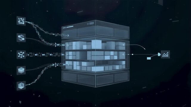 Multiple data sources converge into a centralized warehouse where information is organized and prepared for analytics in a clean seamless enterprise loop.