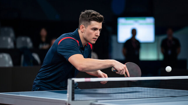 Focused male table tennis player hitting the ball during a match in an indoor arena