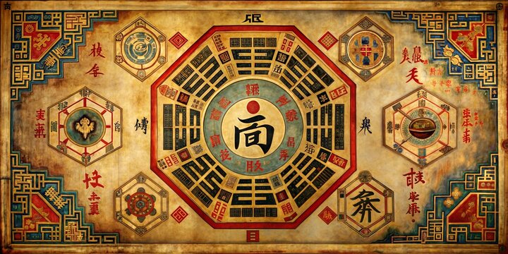 Complex ancient Chinese scroll featuring a bagua diagram and central symbol, encompassed by traditional patterns, calligraphic text, and small hexagrams
