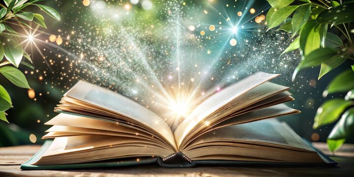 Enchanted Open Book: Radiant Light and Sparkling Particles Erupting from Pages in a Lush Green Setting